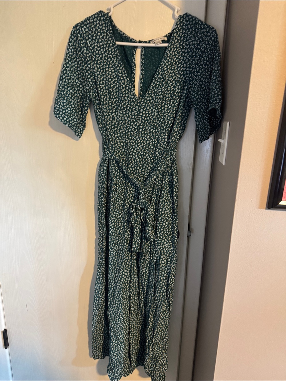 American Eagle Green Floral Wrap Jumpsuit with Tie Waist